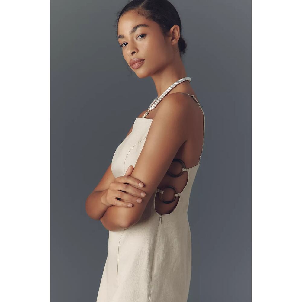 NWT By Anthropologie Smocked Linen Blend Mini Dress $148 LARGE Tan - Picture 3 of 5